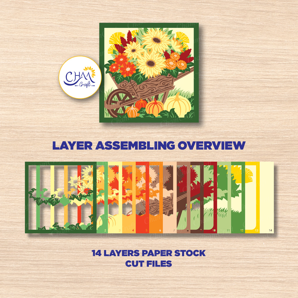 3D Autumn Flowers Cart Shadow Box SVG Paper Cut Template