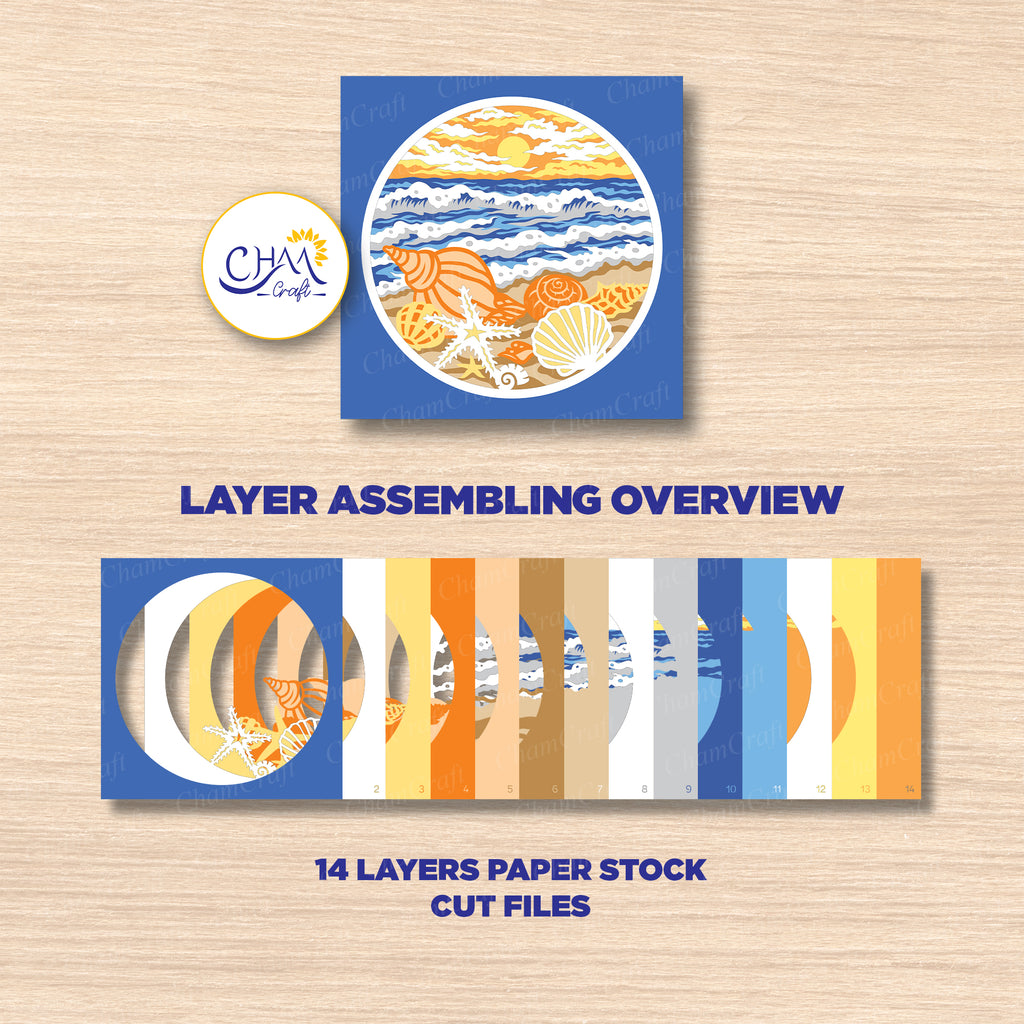 3D Beach and Seashells Shadow Box SVG Paper Cut Template