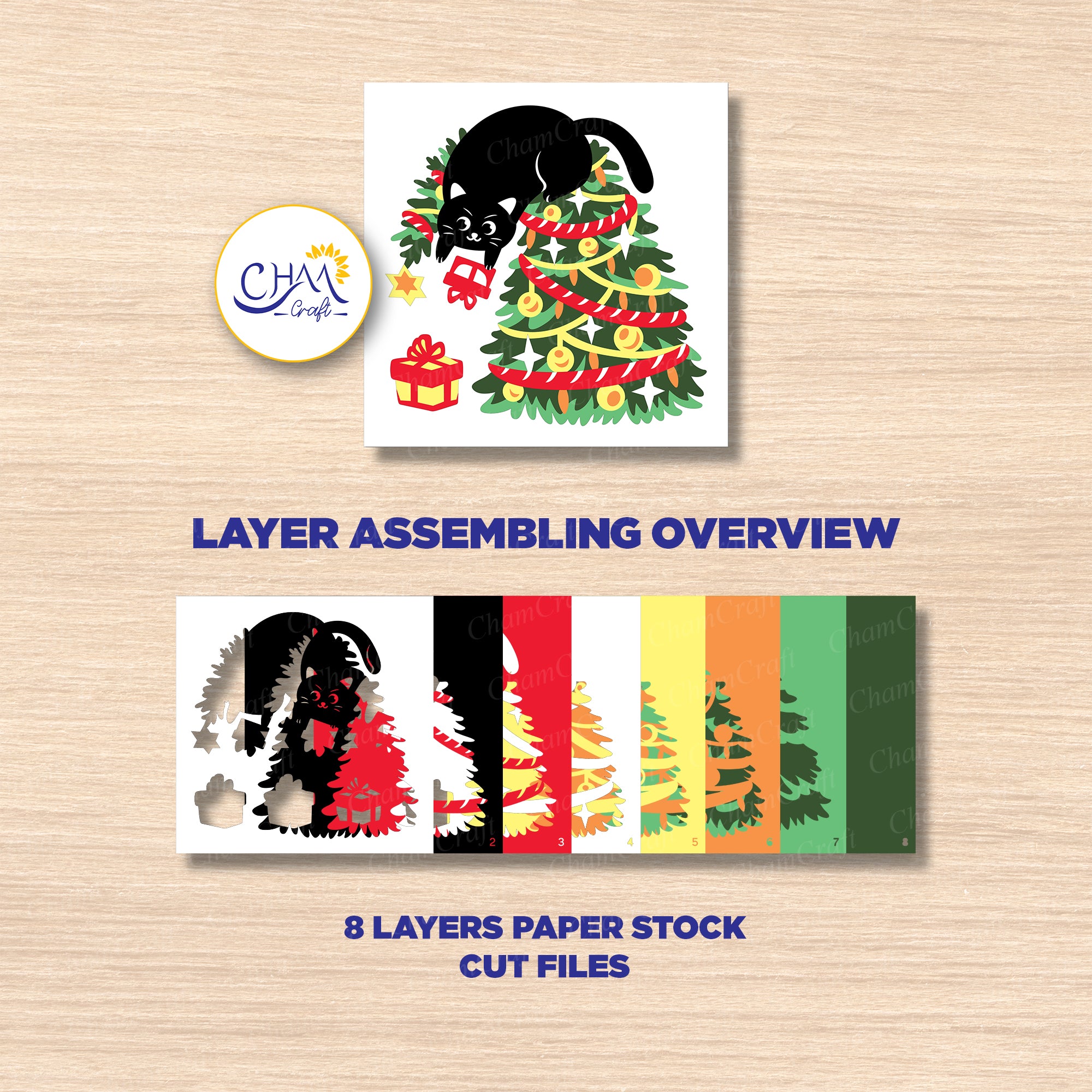 3D Christmas Cattree Shadow Box SVG Paper Cut Template
