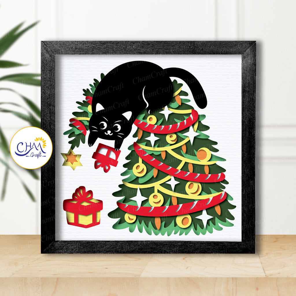 3D Christmas Cattree Shadow Box SVG Paper Cut Template