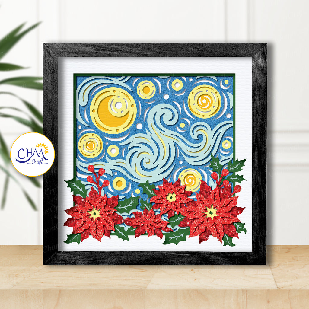 3D Starry Night Poinsettia Shadow Box SVG Paper Cut Template