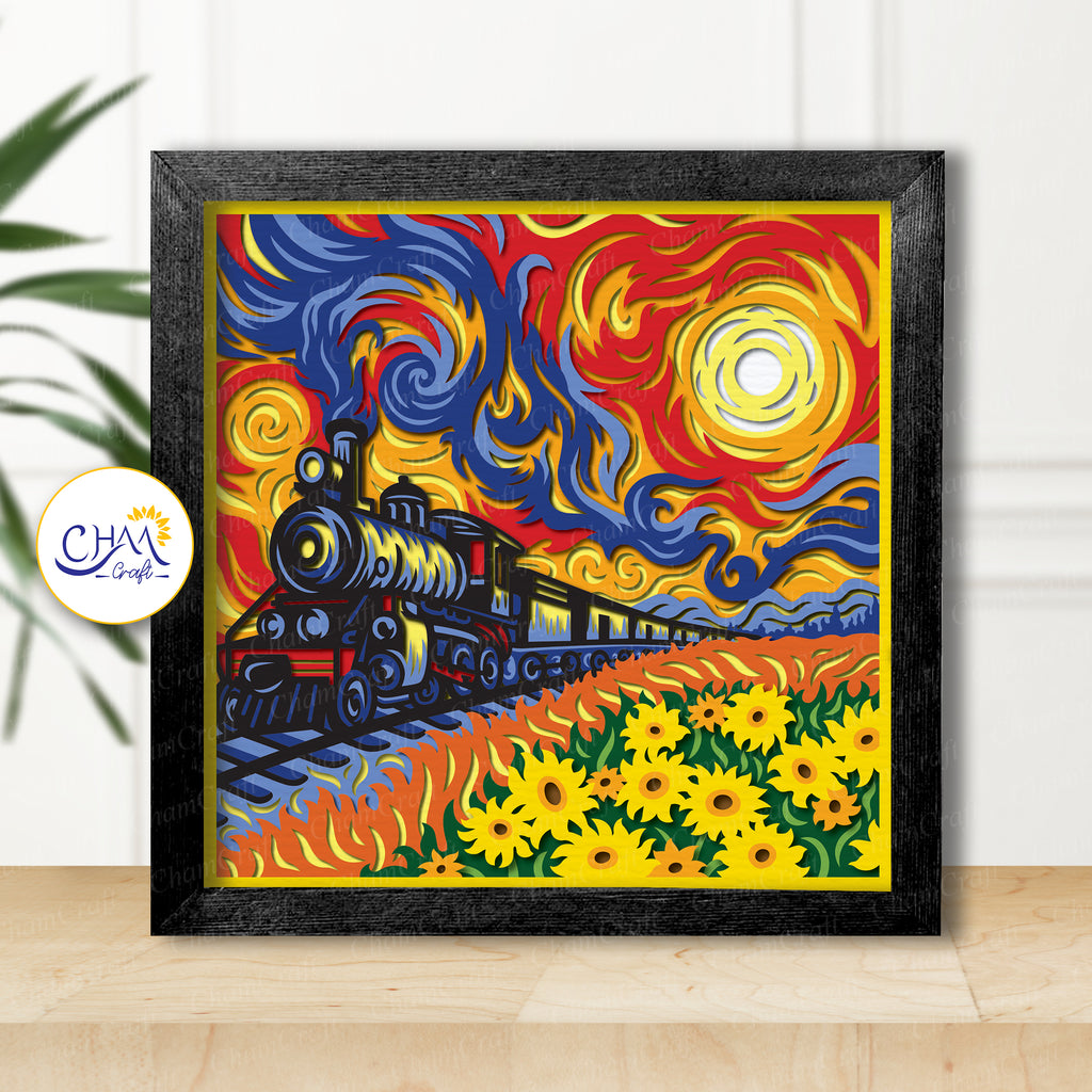 3D Sunset Train Shadow Box SVG Paper Cut Template