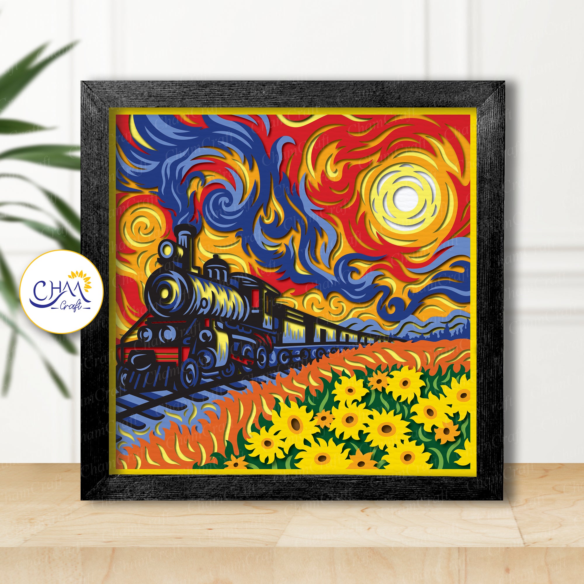 3D Sunset Train Shadow Box SVG Paper Cut Template