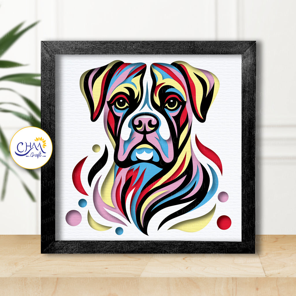 3D Boxer Dog Shadow Box SVG Paper Cut Template