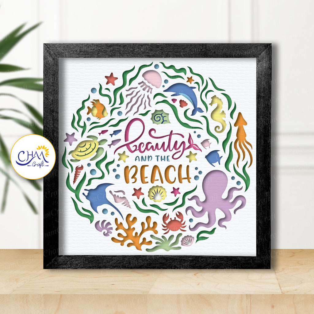 3D Beauty And The Beach Shadow Box SVG Paper Cut Template
