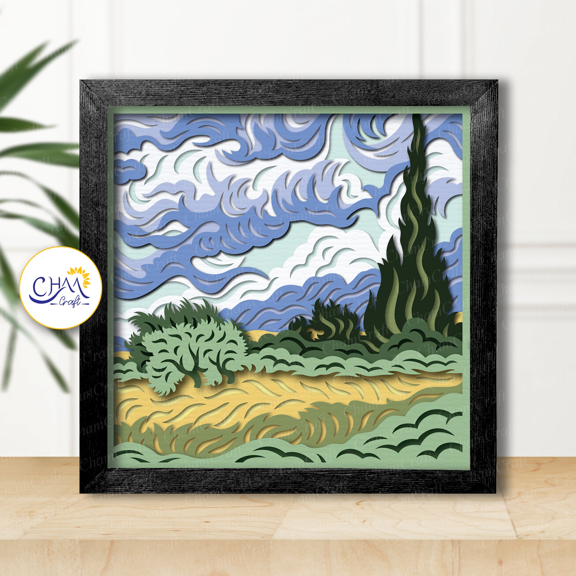 3D Wheat Field With Cypresses Shadow Box SVG Paper Cut Template