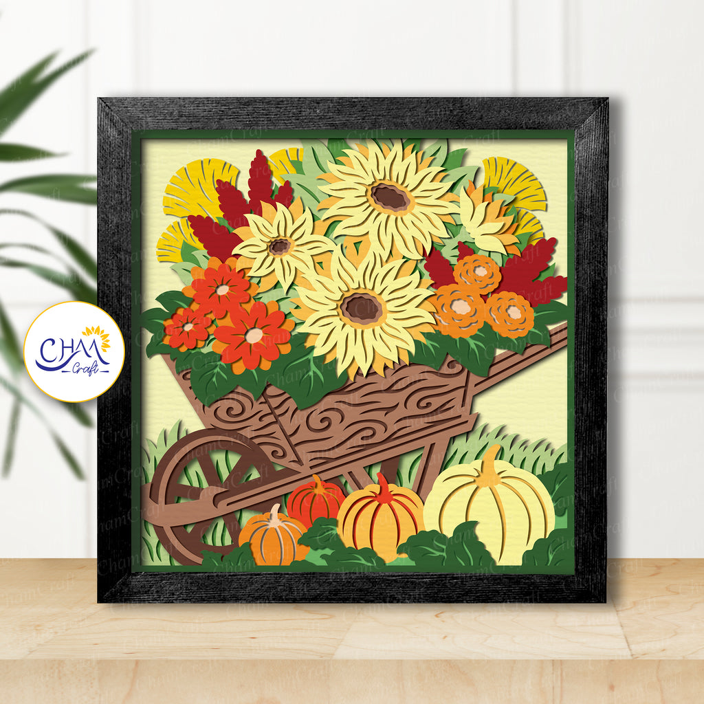 3D Autumn Flowers Cart Shadow Box SVG Paper Cut Template
