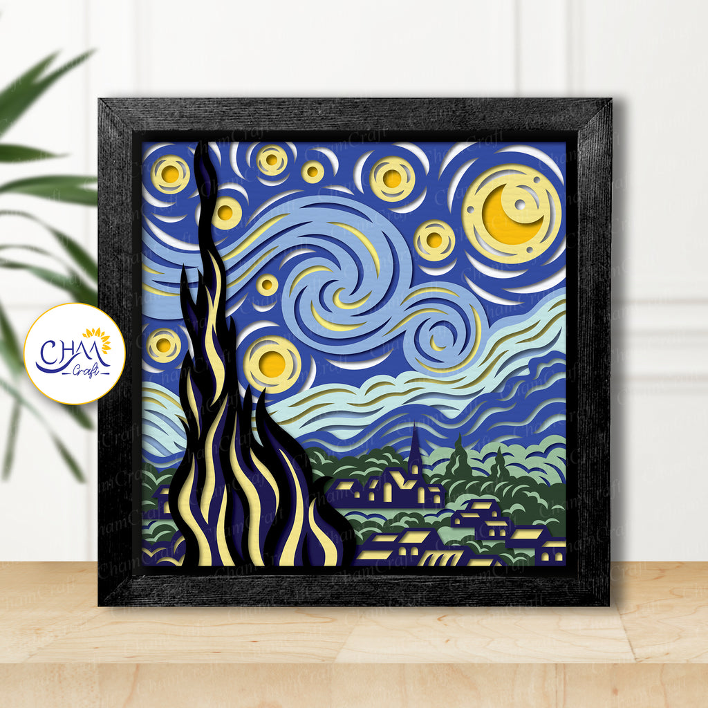 3D Starry Night Shadow Box SVG Paper Cut Template