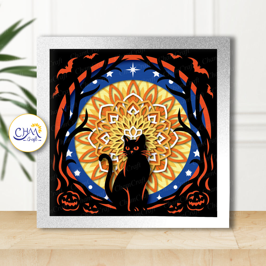 3D Halloween Cat Shadow Box SVG Paper Cut Template
