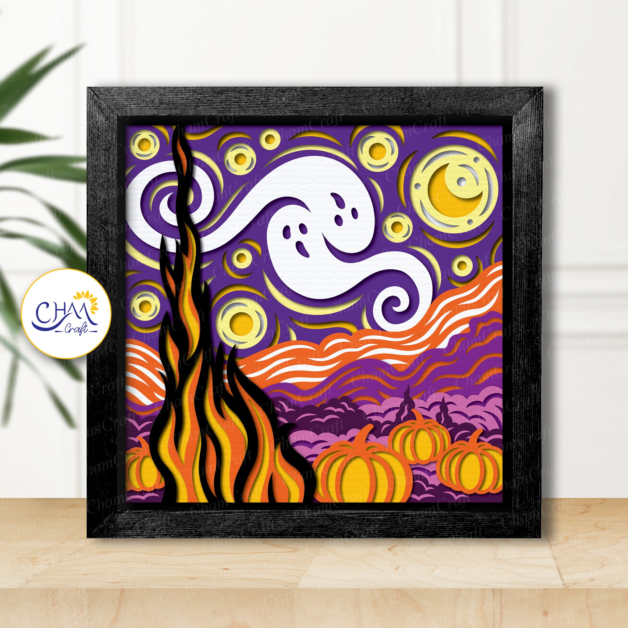 3D Starry Night Halloween Shadow Box SVG Paper Cut Template