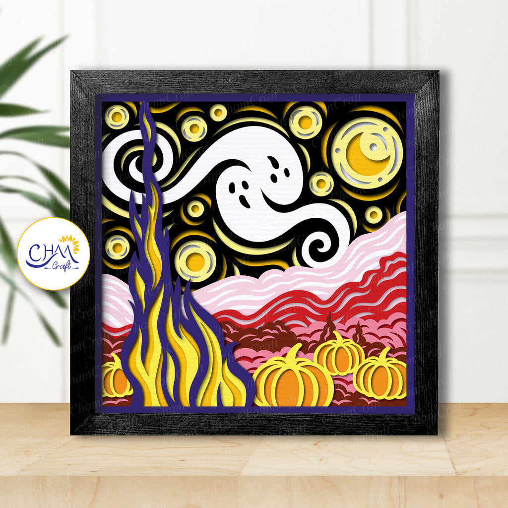 3D Starry Night Halloween Shadow Box SVG Paper Cut Template