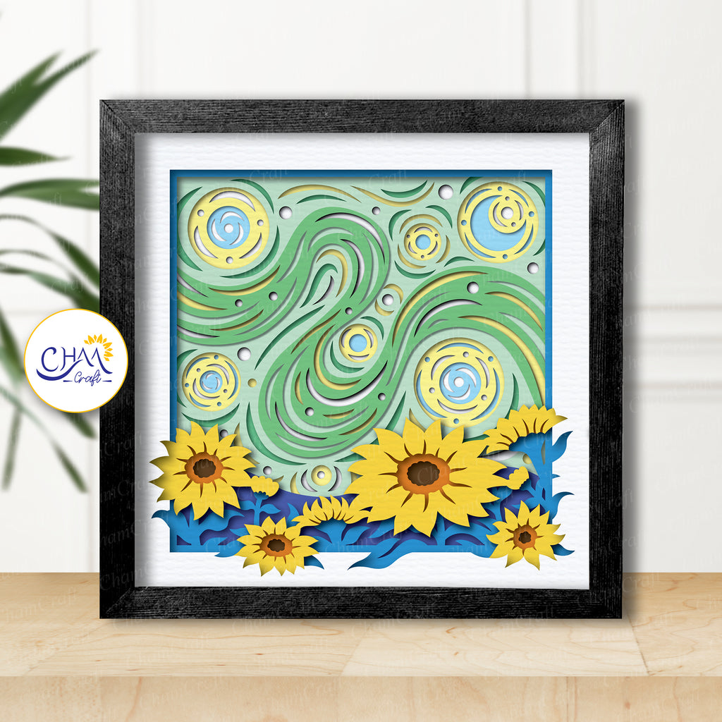 3D Starry Night Sunflower Shadow Box SVG Paper Cut Template