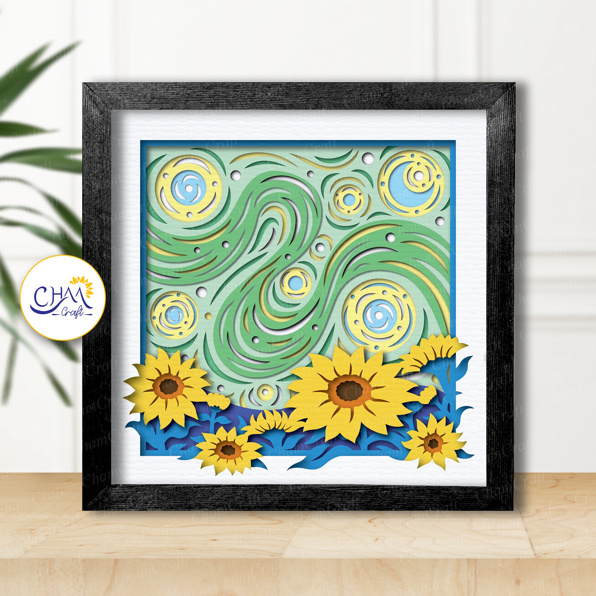 3D Starry Night Sunflower Shadow Box SVG Paper Cut Template