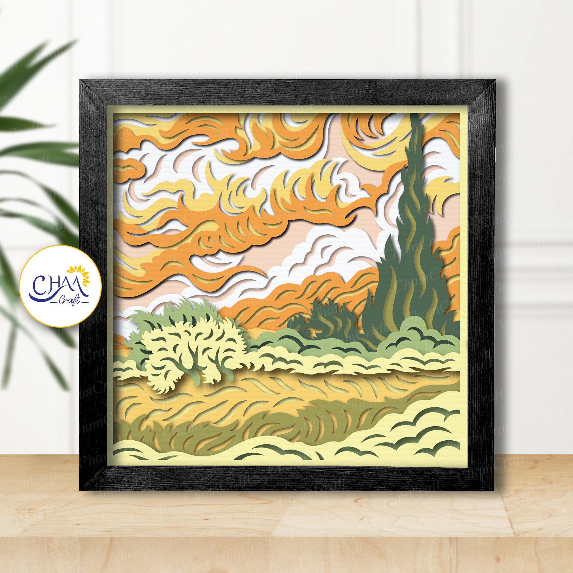 3D Wheat Field With Cypresses Shadow Box SVG Paper Cut Template