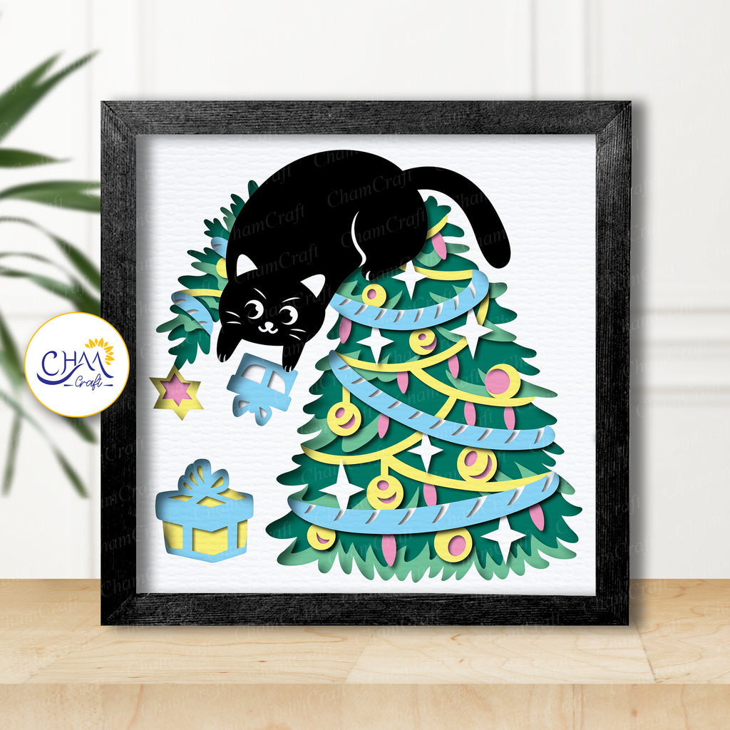 3D Christmas Cattree Shadow Box SVG Paper Cut Template