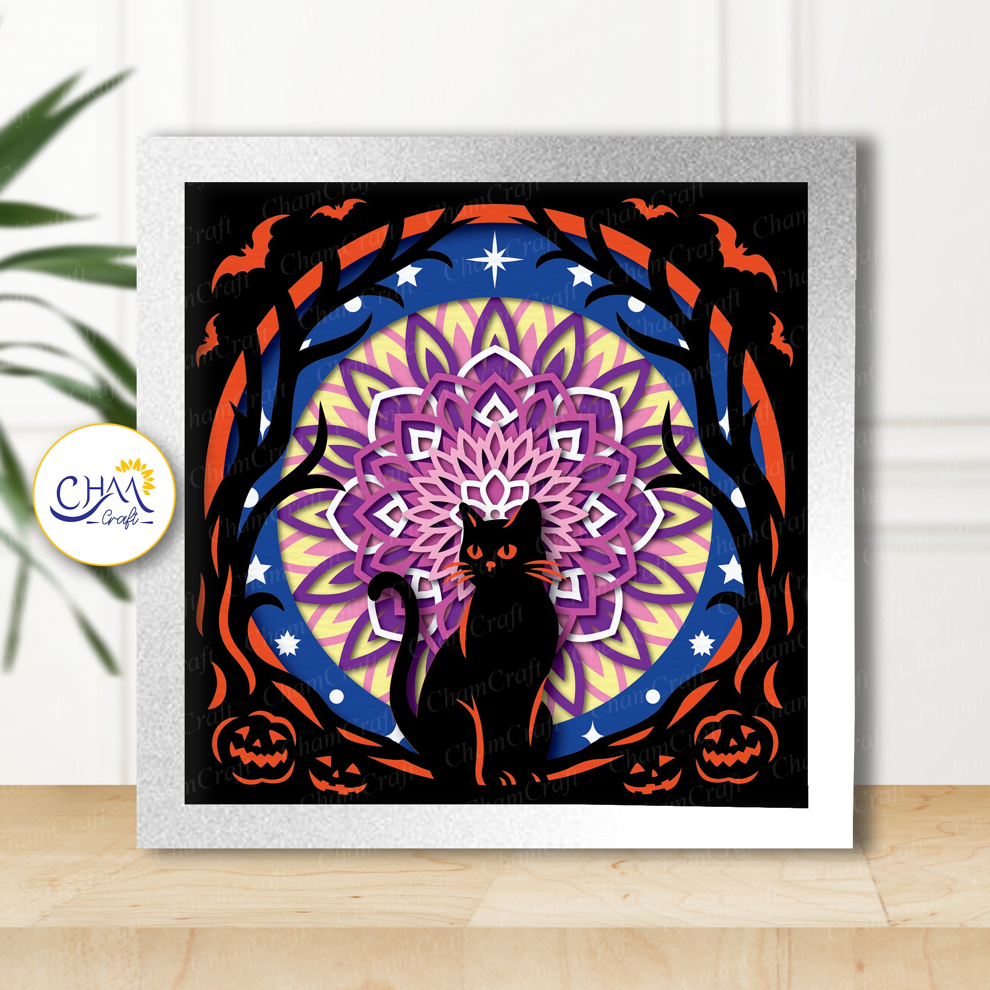 3D Halloween Cat Shadow Box SVG Paper Cut Template