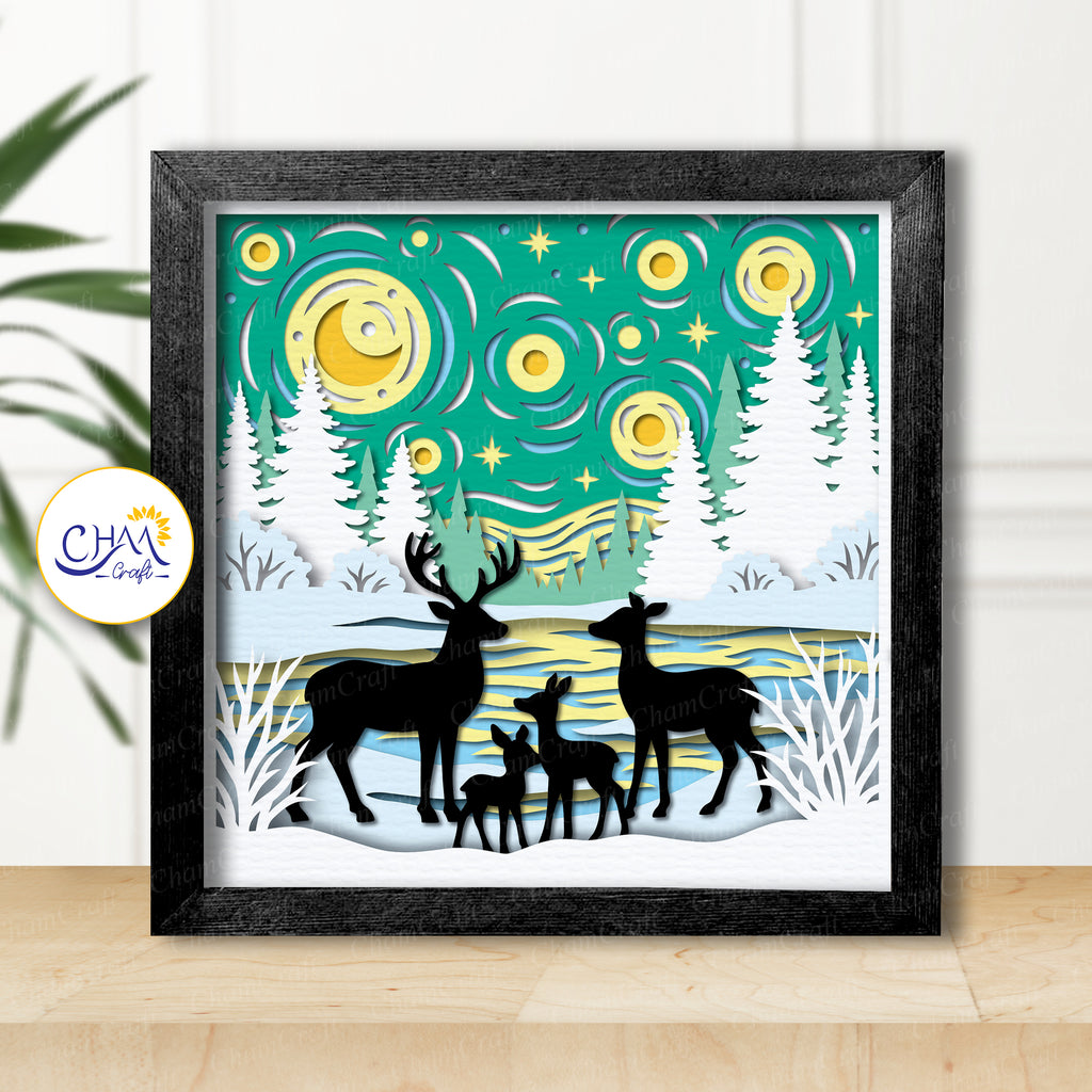 3D Winter Deer Shadow Box SVG Paper Cut Template