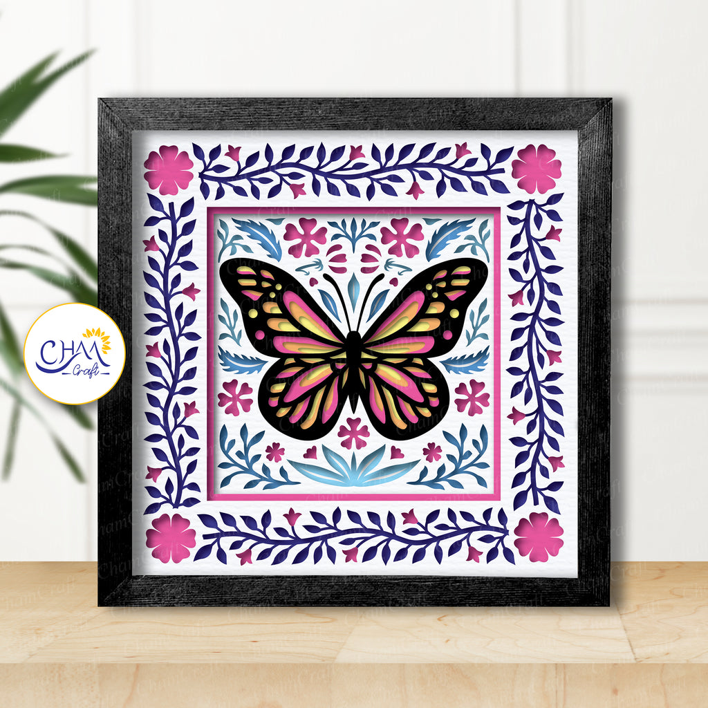 3D Butterfly Floral Shadow Box SVG Paper Cut Template