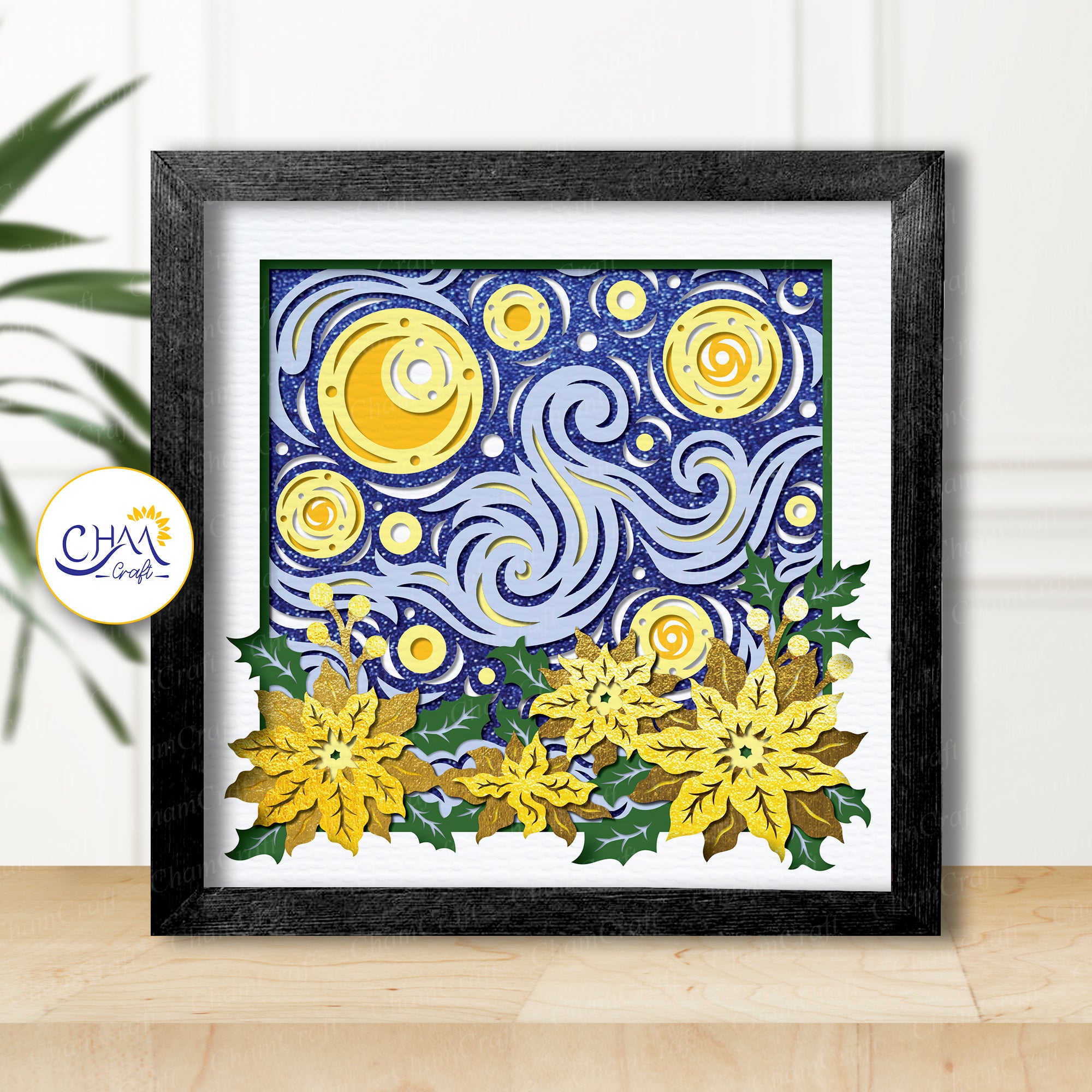 3D Starry Night Poinsettia Shadow Box SVG Paper Cut Template