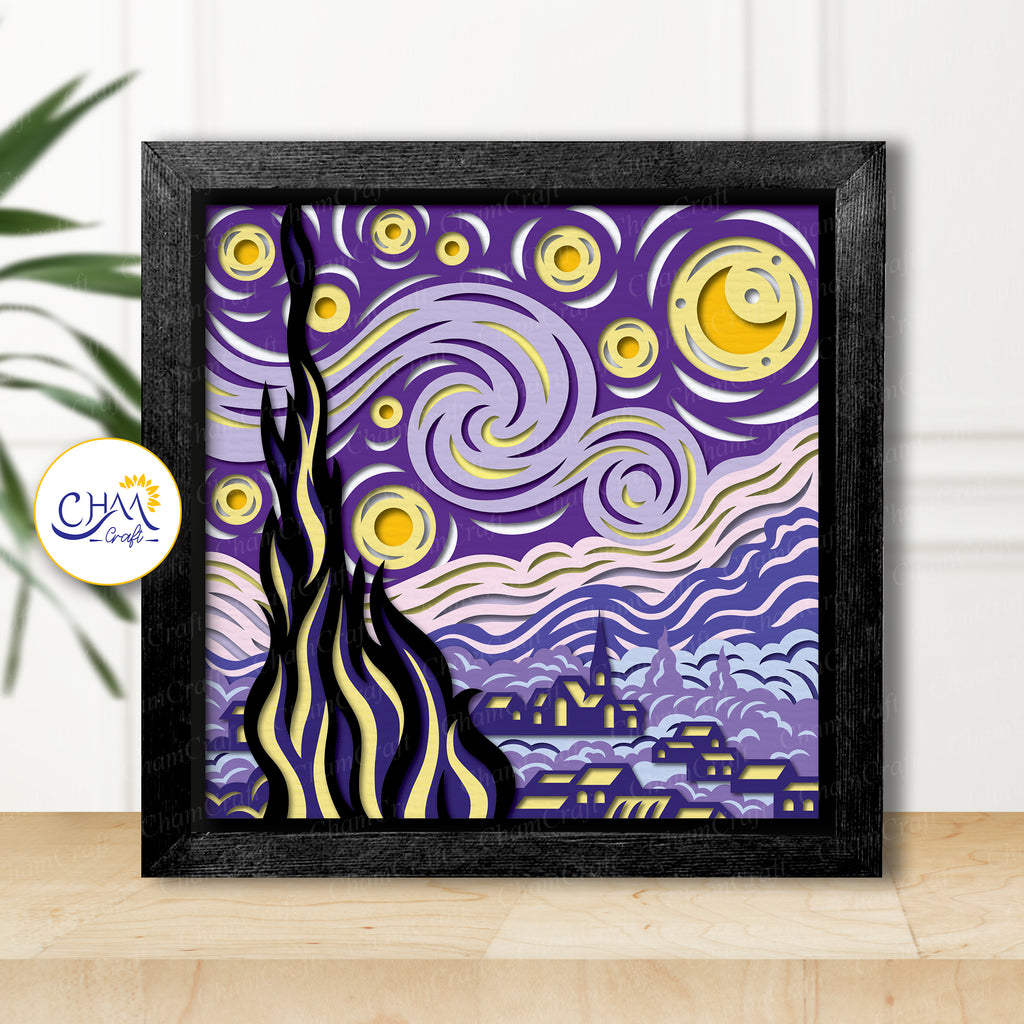 3D Starry Night Shadow Box SVG Paper Cut Template
