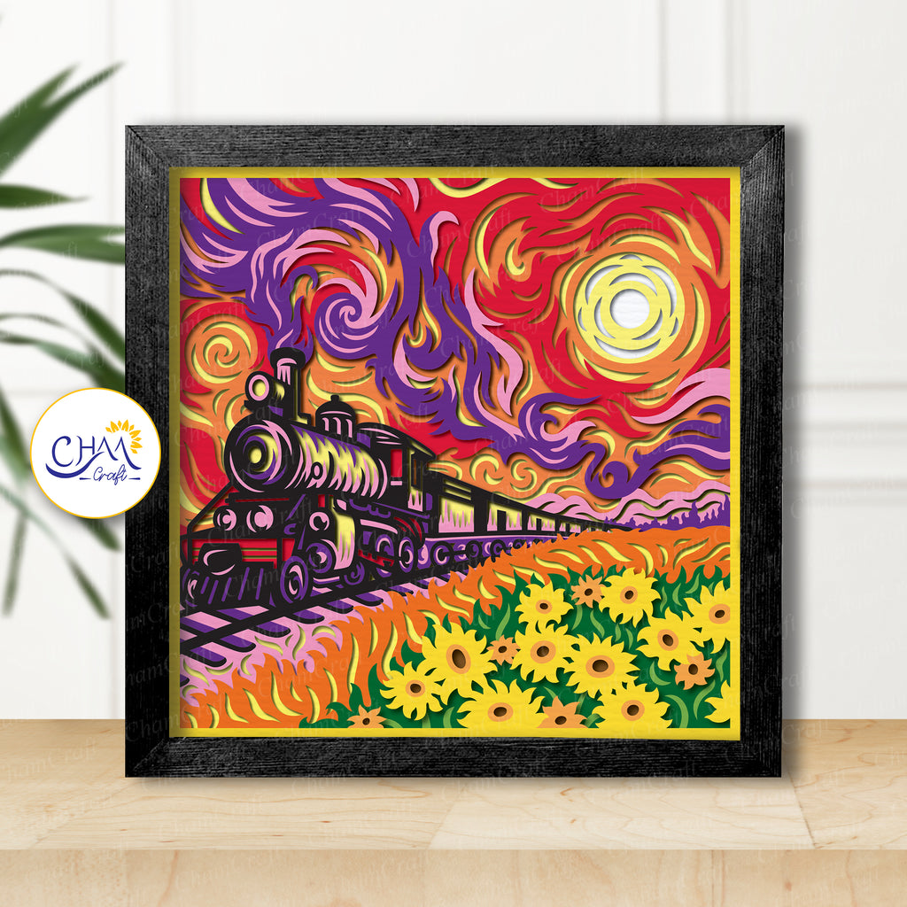 3D Sunset Train Shadow Box SVG Paper Cut Template