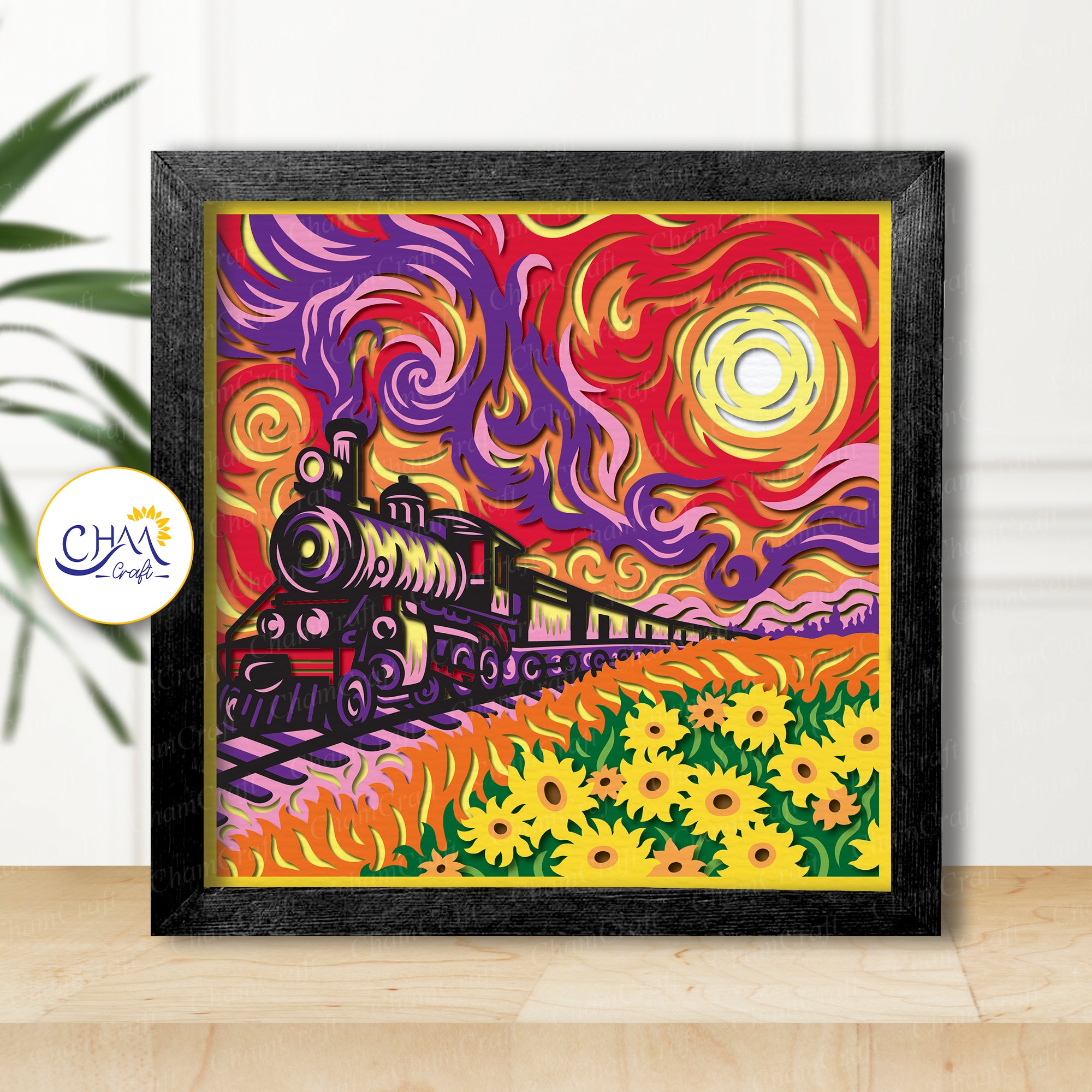 3D Sunset Train Shadow Box SVG Paper Cut Template