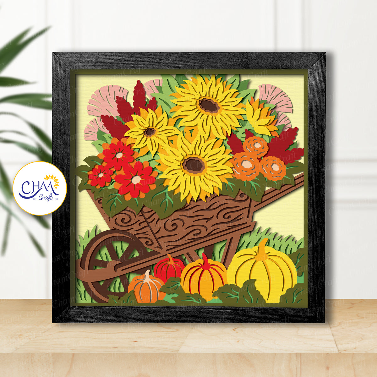 3D Autumn Flowers Cart Shadow Box SVG Paper Cut Template