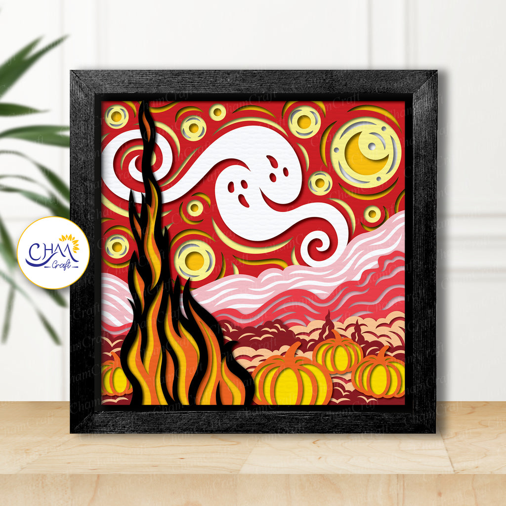 3D Starry Night Halloween Shadow Box SVG Paper Cut Template
