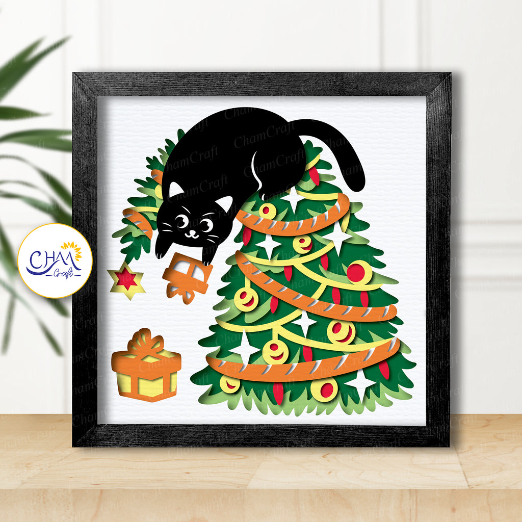 3D Christmas Cattree Shadow Box SVG Paper Cut Template