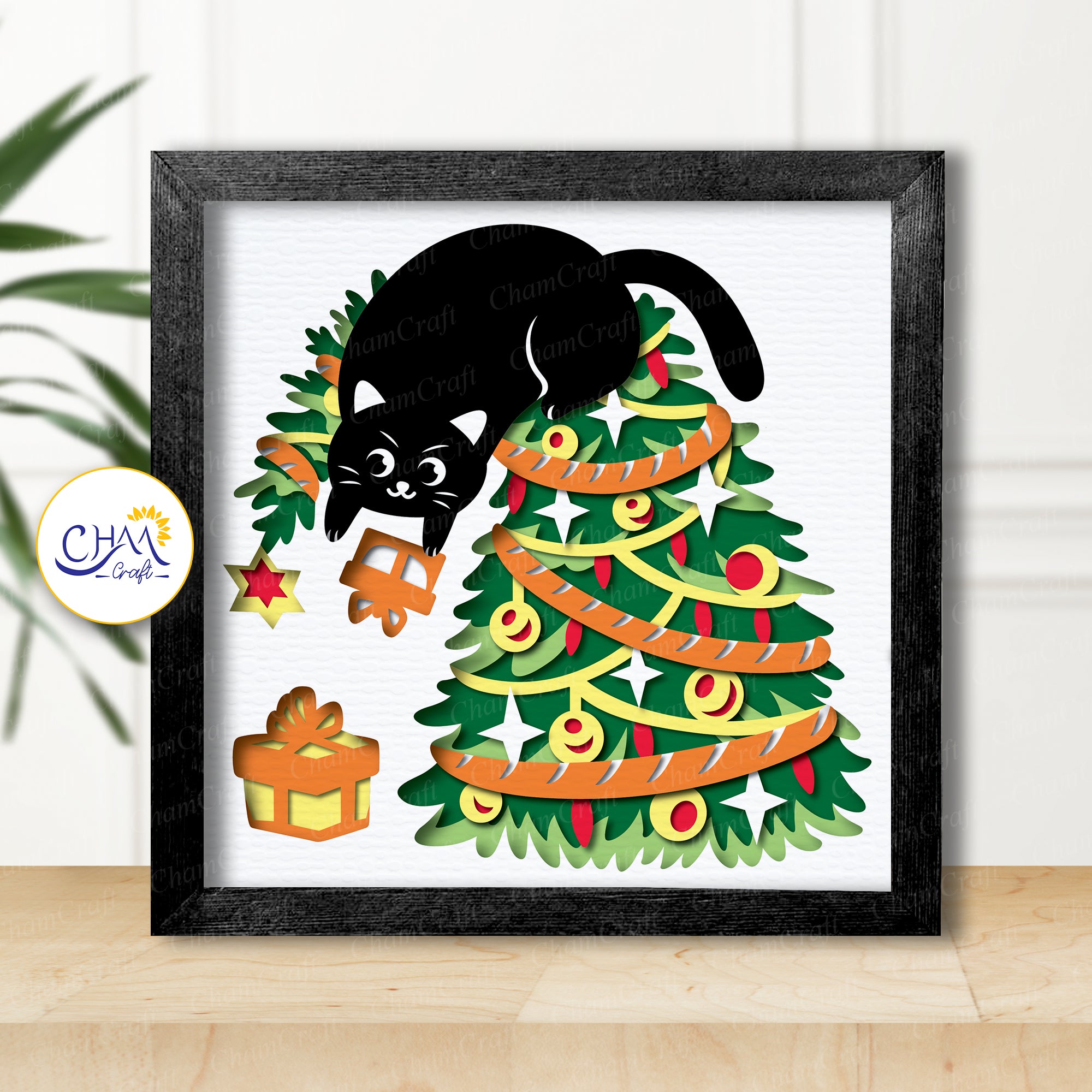3D Christmas Cattree Shadow Box SVG Paper Cut Template