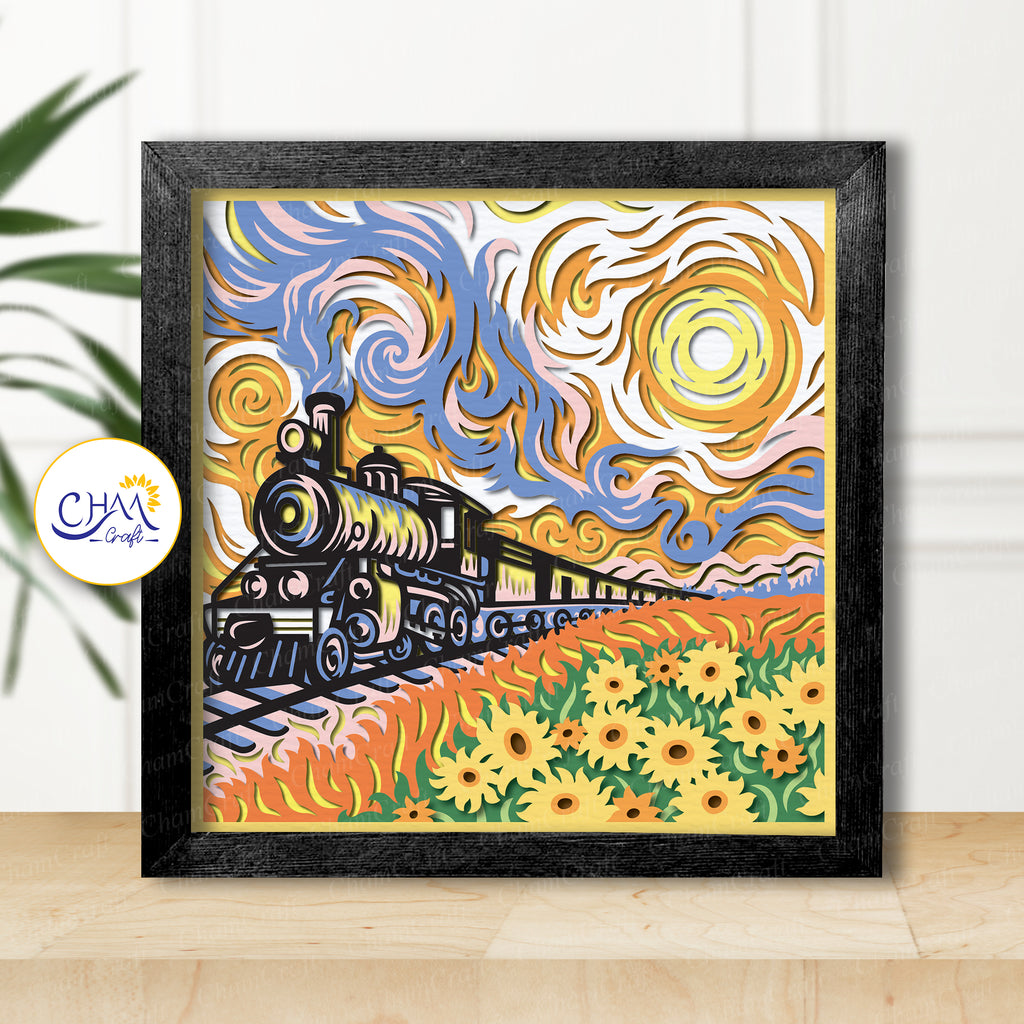 3D Sunset Train Shadow Box SVG Paper Cut Template