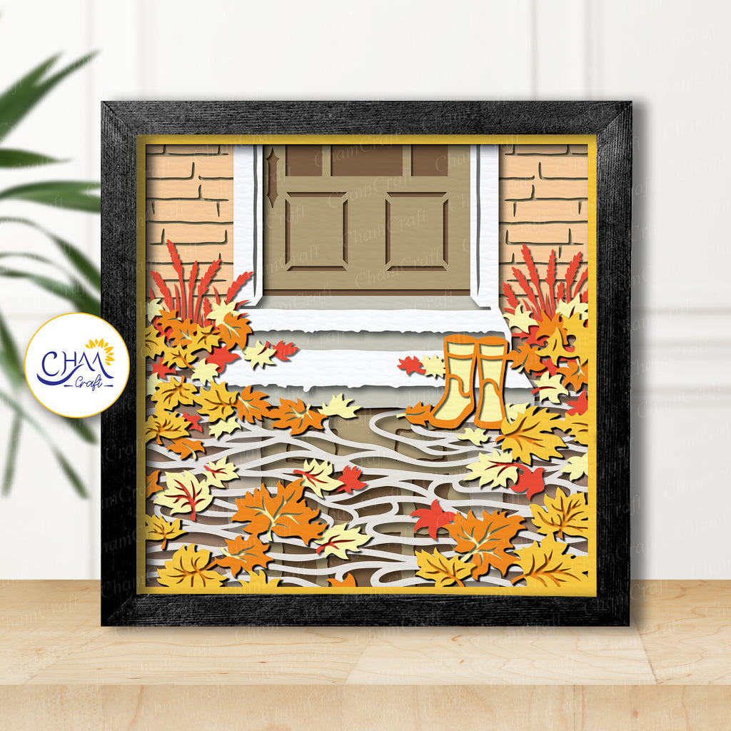 3D Rainy Autumn Shadow Box SVG Paper Cut Template