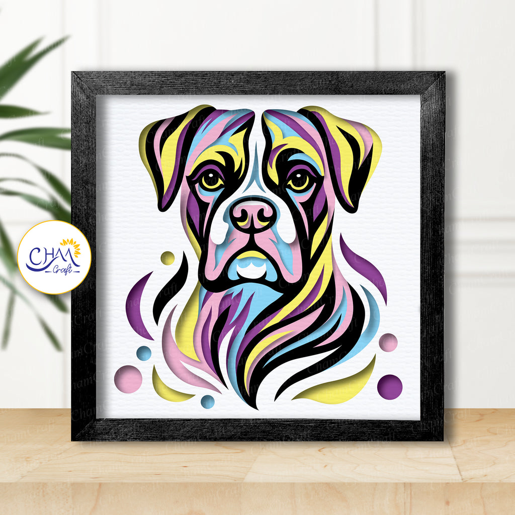 3D Boxer Dog Shadow Box SVG Paper Cut Template