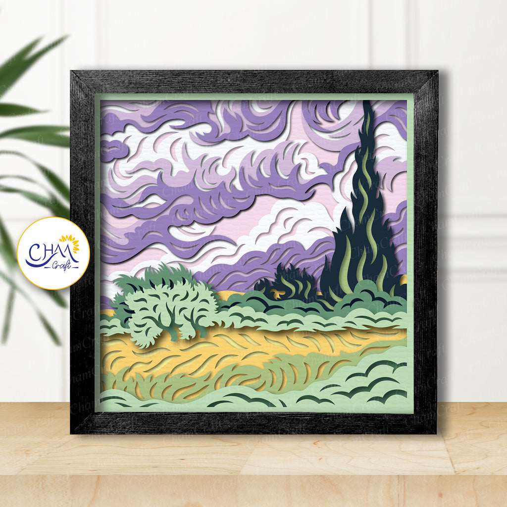 3D Wheat Field With Cypresses Shadow Box SVG Paper Cut Template