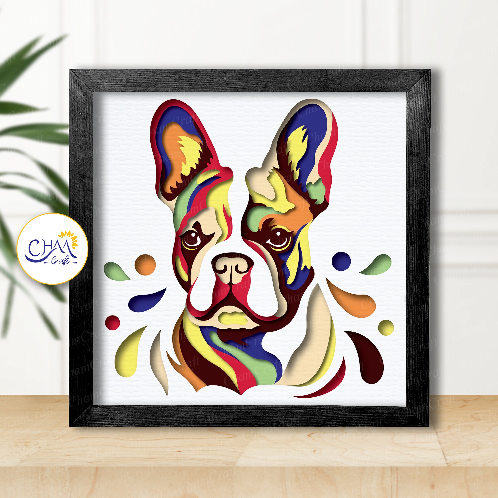 3D French Bulldog Shadow Box SVG Paper Cut Template