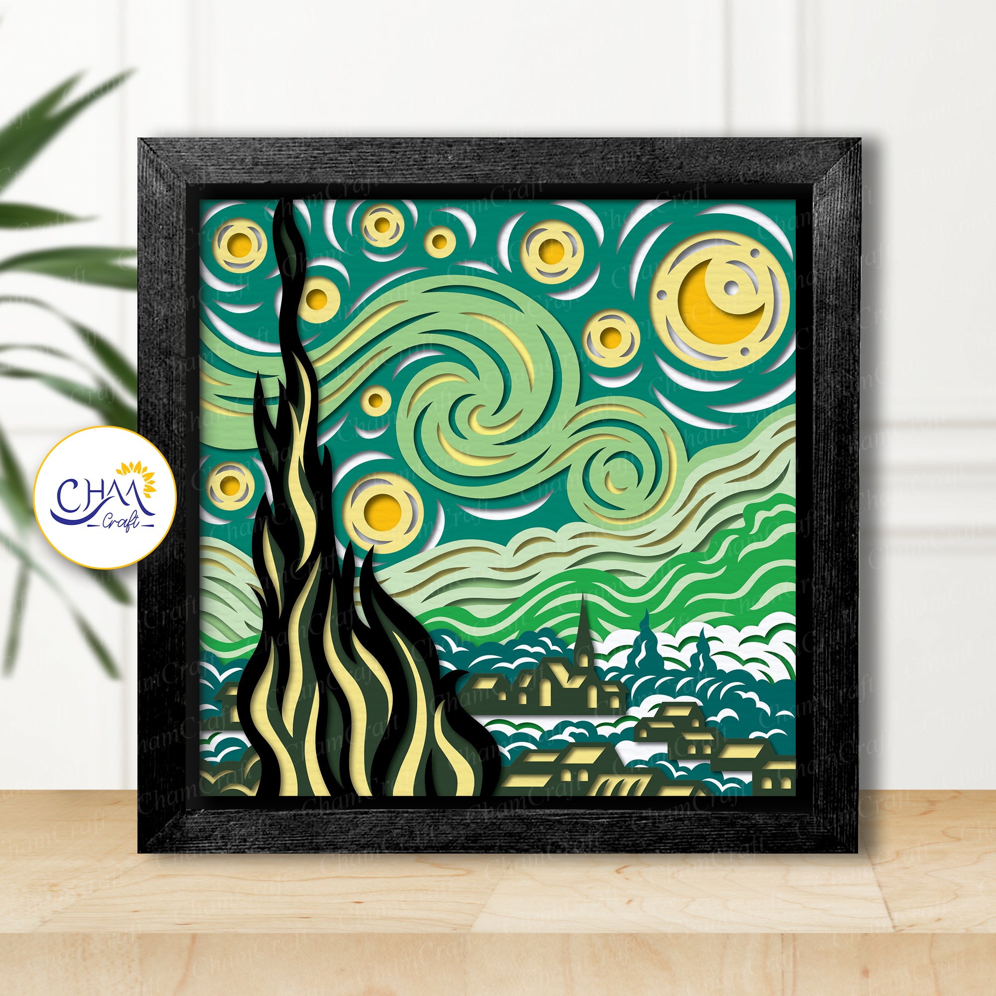3D Starry Night Shadow Box SVG Paper Cut Template