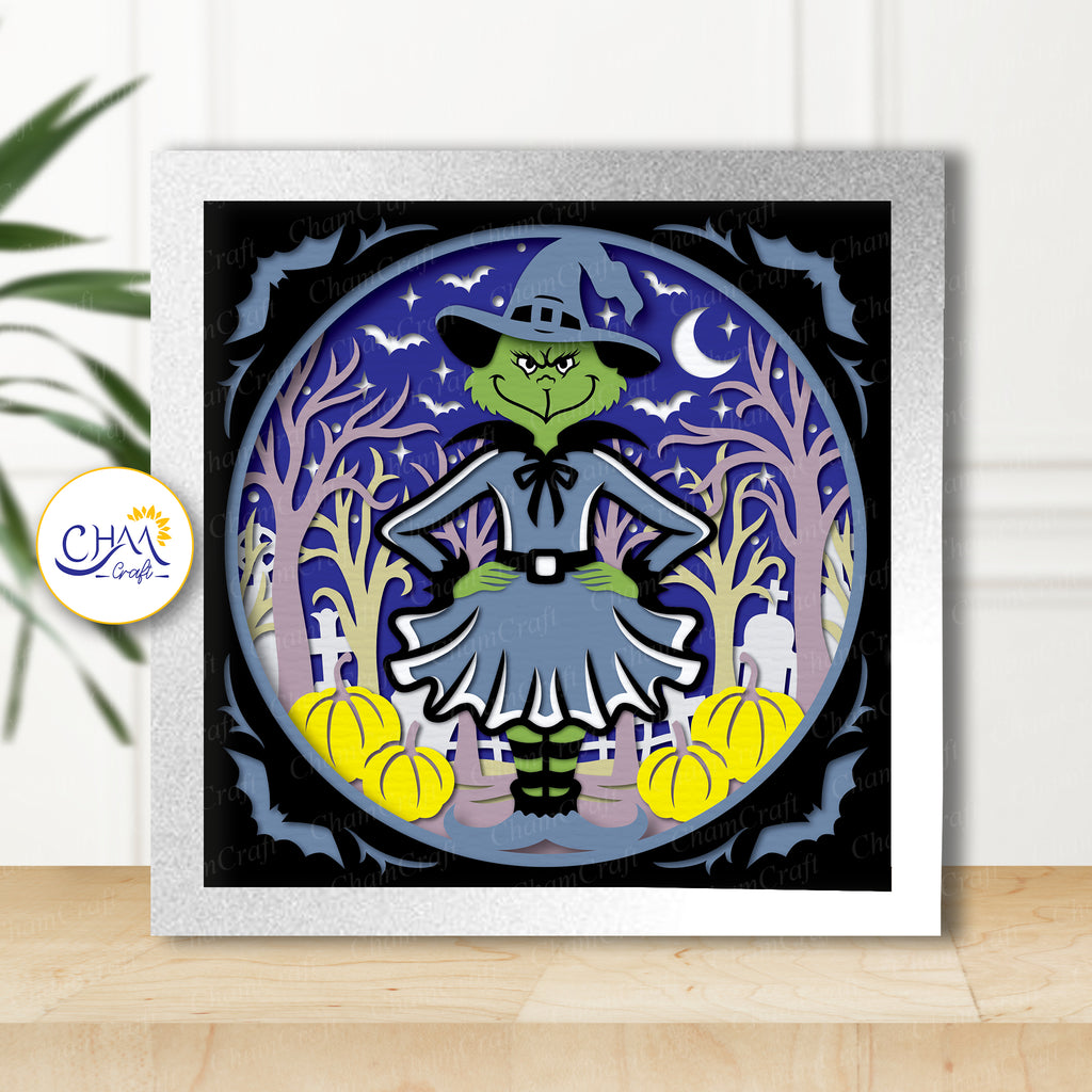 3D Halloween Witch Shadow Box SVG Paper Cut Template