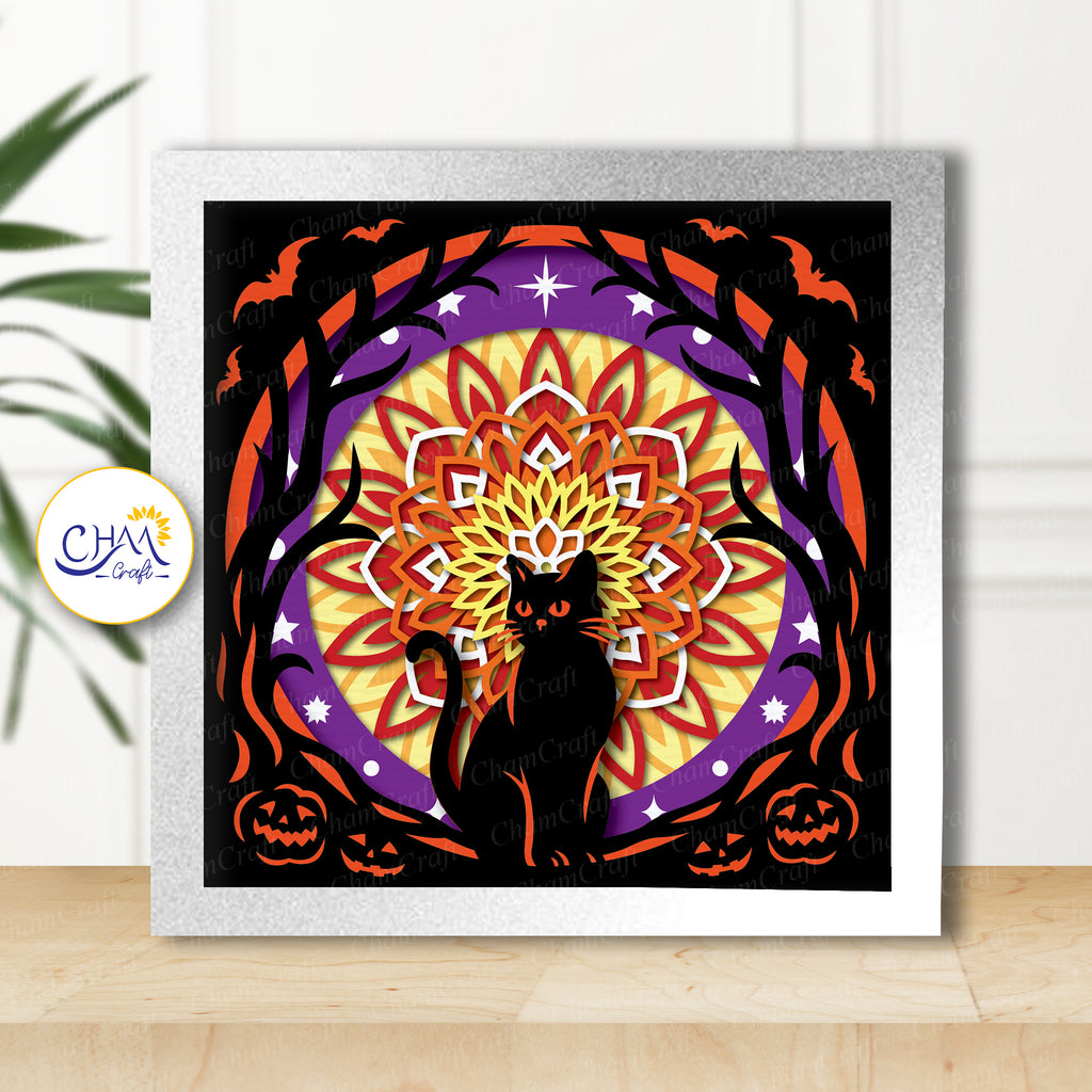 3D Halloween Cat Shadow Box SVG Paper Cut Template