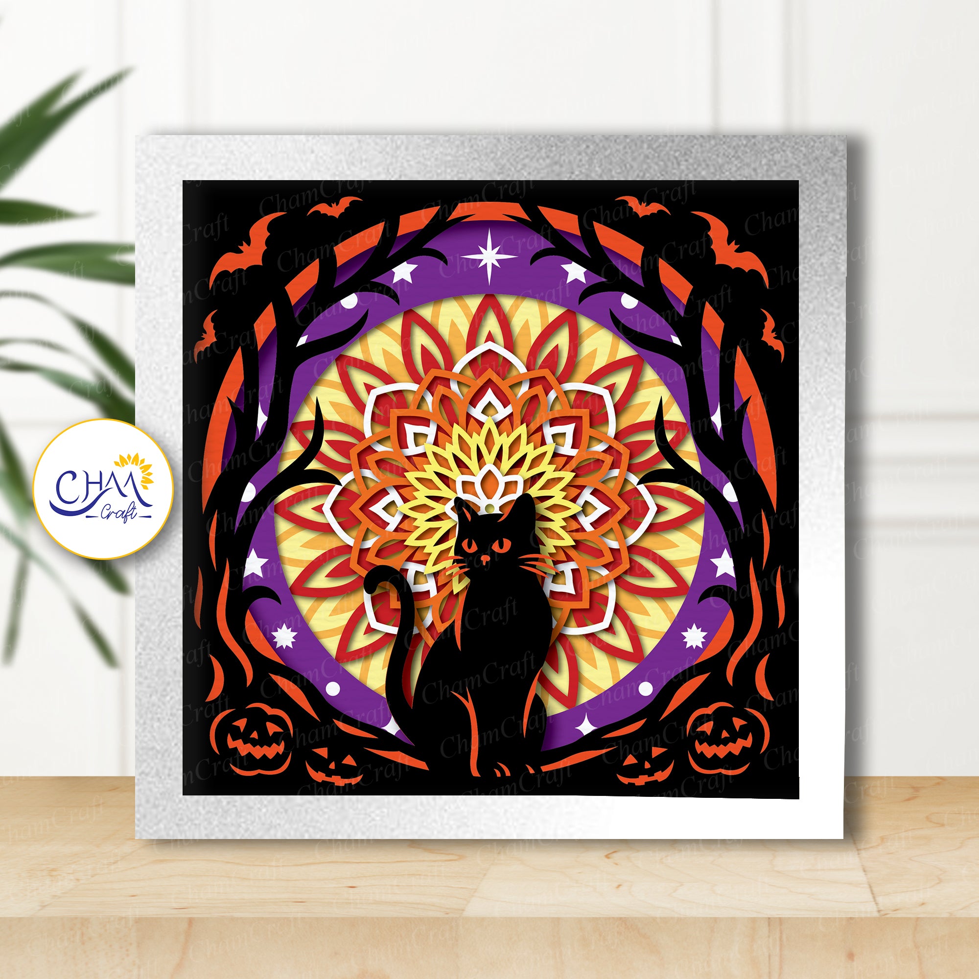 3D Halloween Cat Shadow Box SVG Paper Cut Template