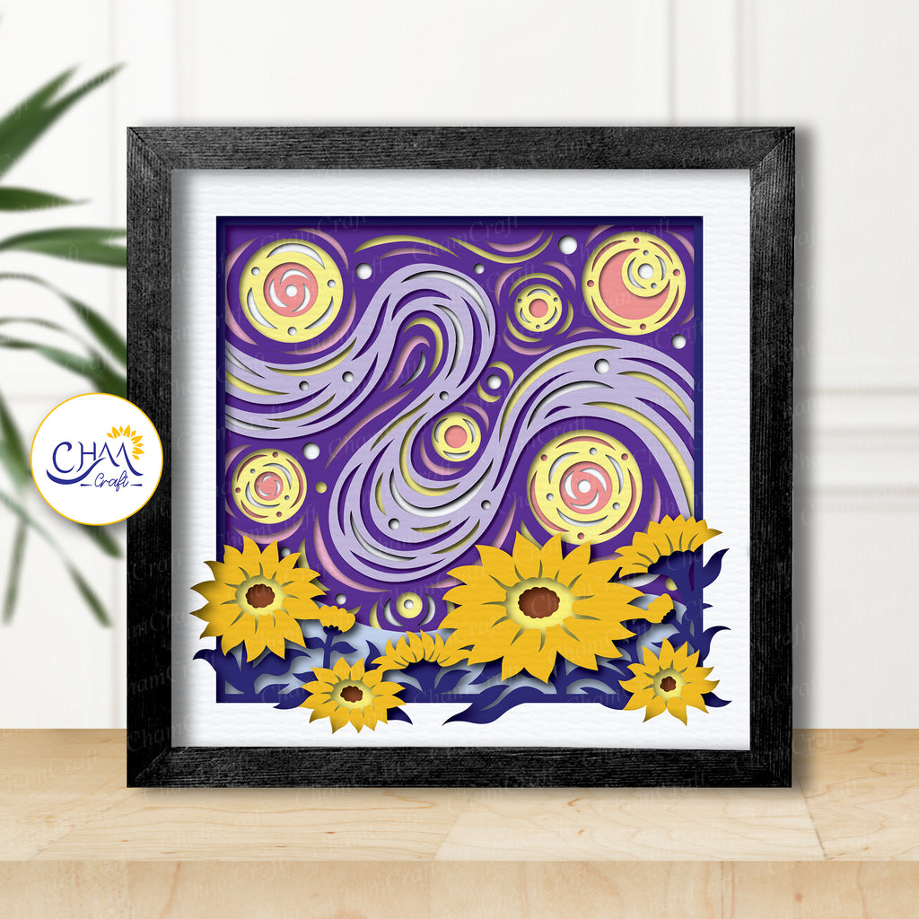 3D Starry Night Sunflower Shadow Box SVG Paper Cut Template