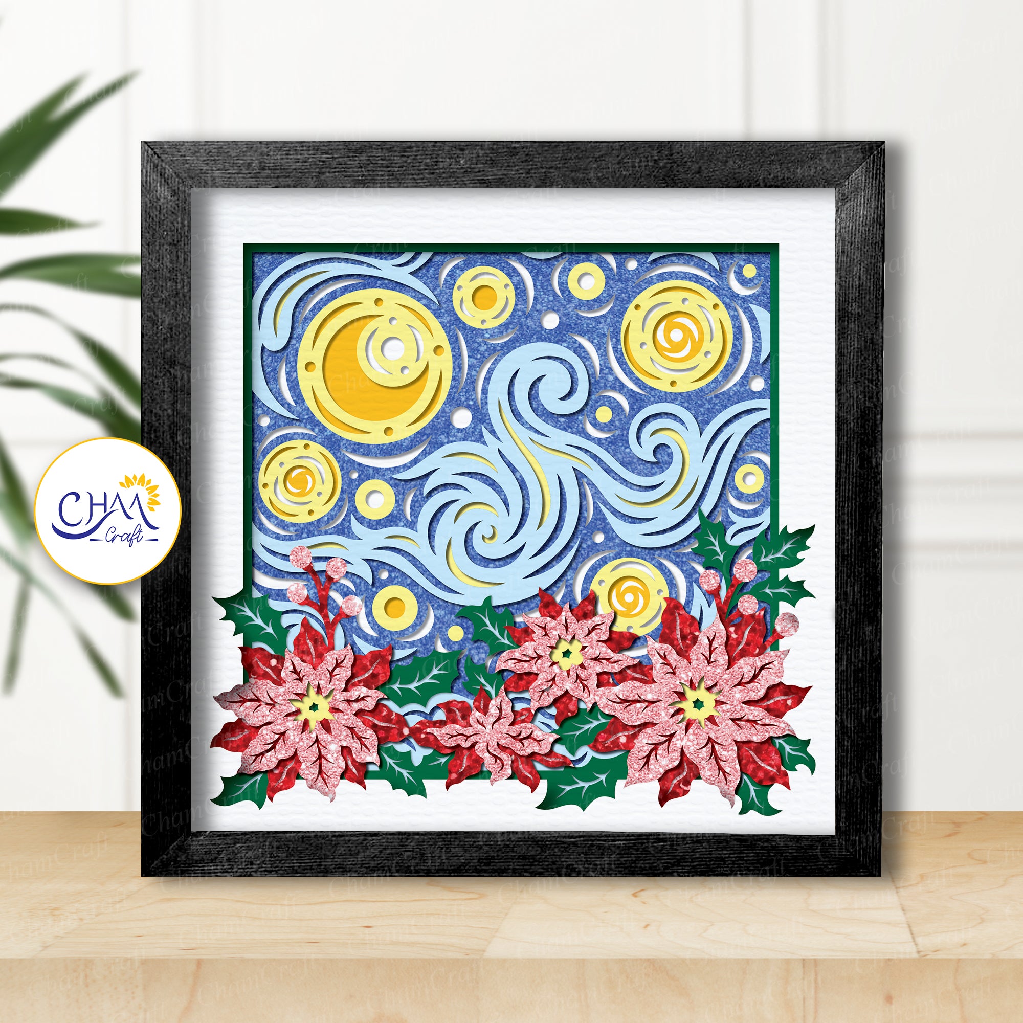 3D Starry Night Poinsettia Shadow Box SVG Paper Cut Template