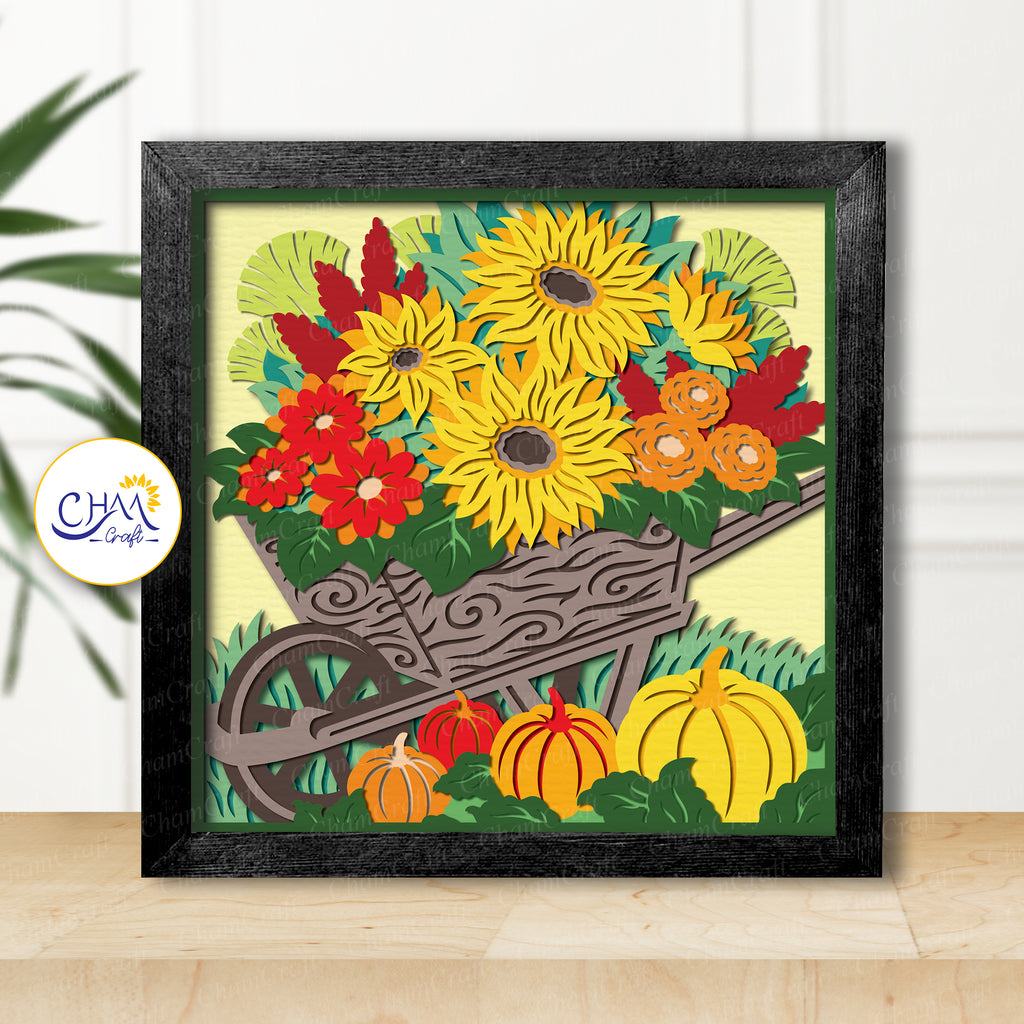 3D Autumn Flowers Cart Shadow Box SVG Paper Cut Template