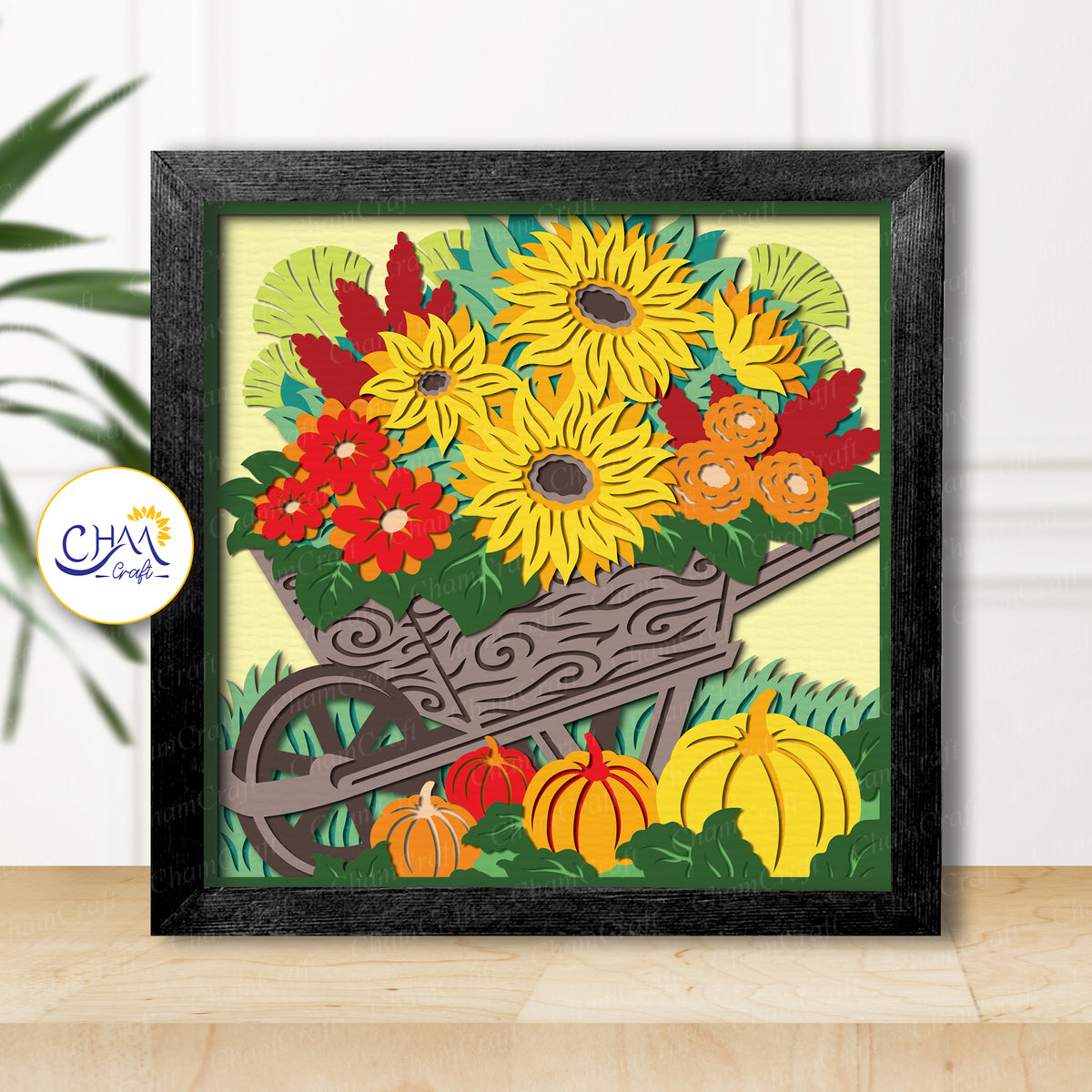 3D Autumn Flowers Cart Shadow Box SVG Paper Cut Template