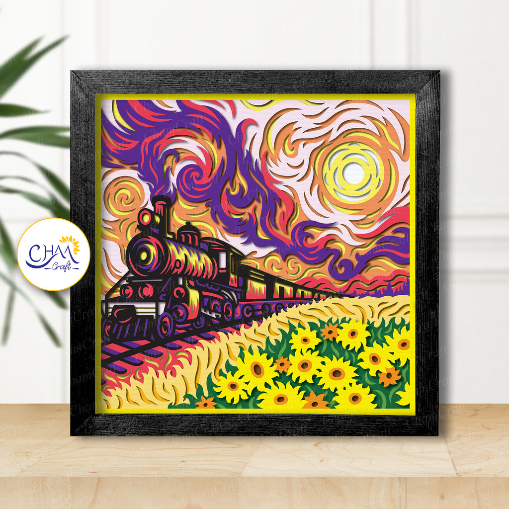 3D Sunset Train Shadow Box SVG Paper Cut Template