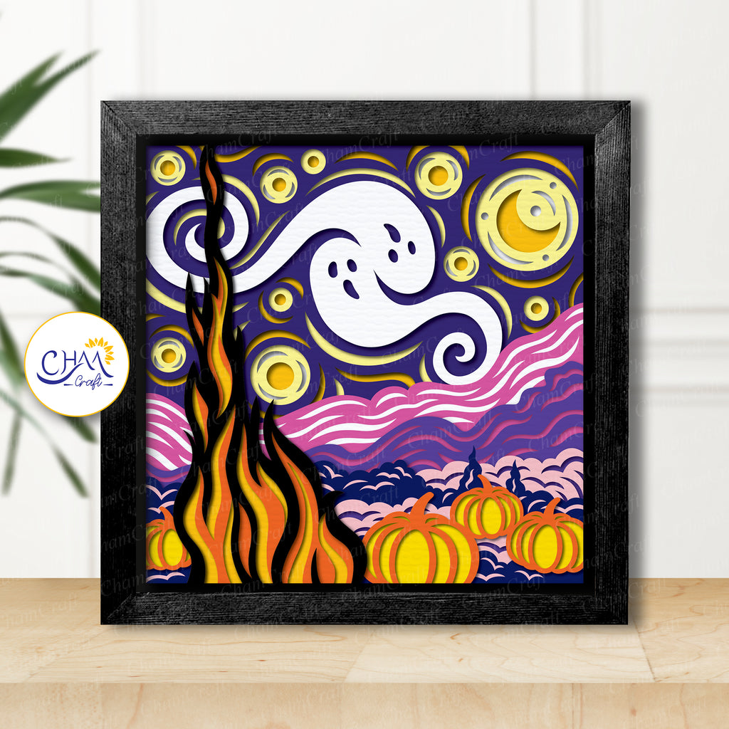 3D Starry Night Halloween Shadow Box SVG Paper Cut Template