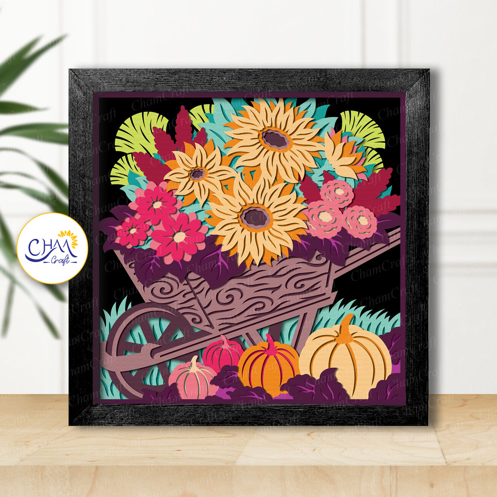 3D Autumn Flowers Cart Shadow Box SVG Paper Cut Template