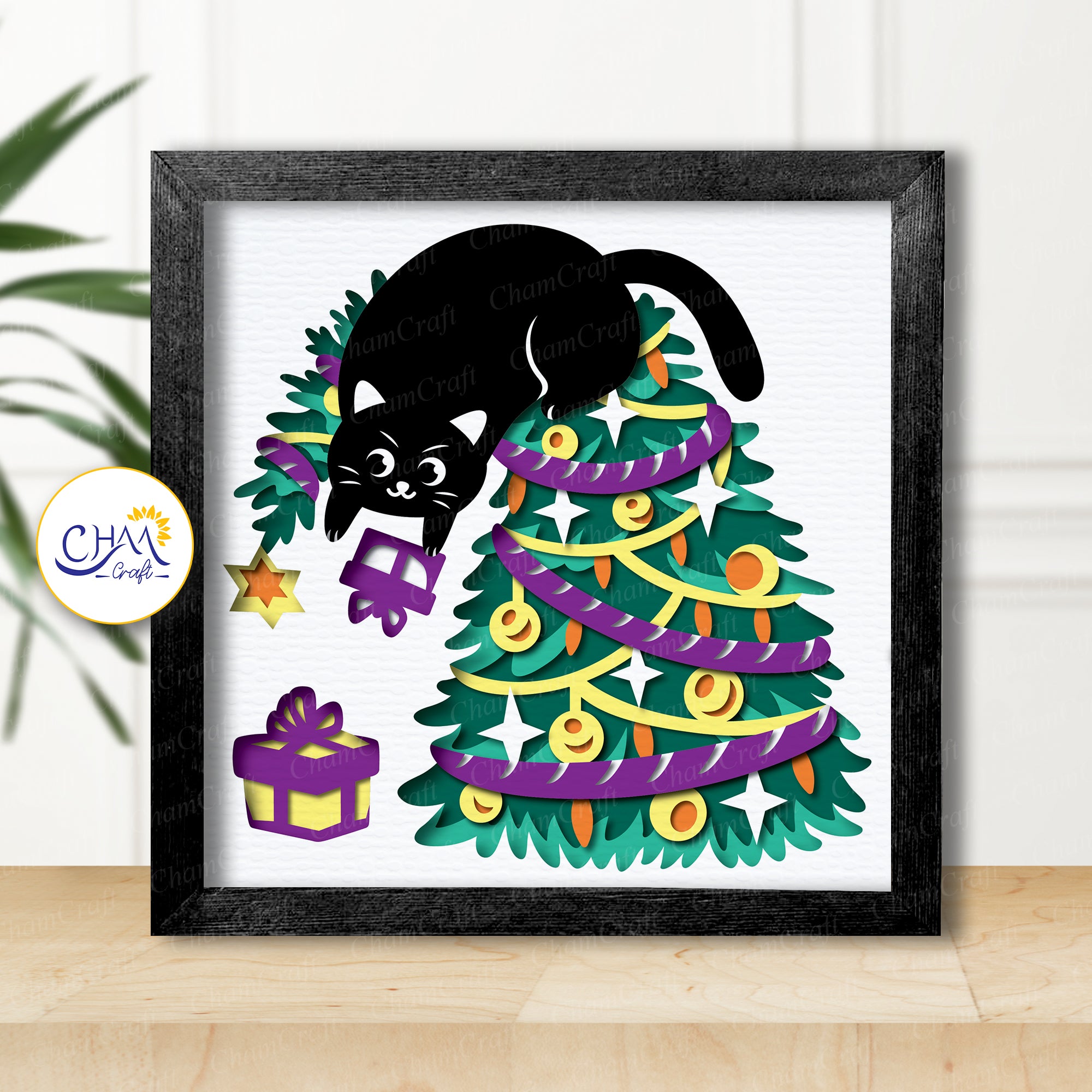 3D Christmas Cattree Shadow Box SVG Paper Cut Template