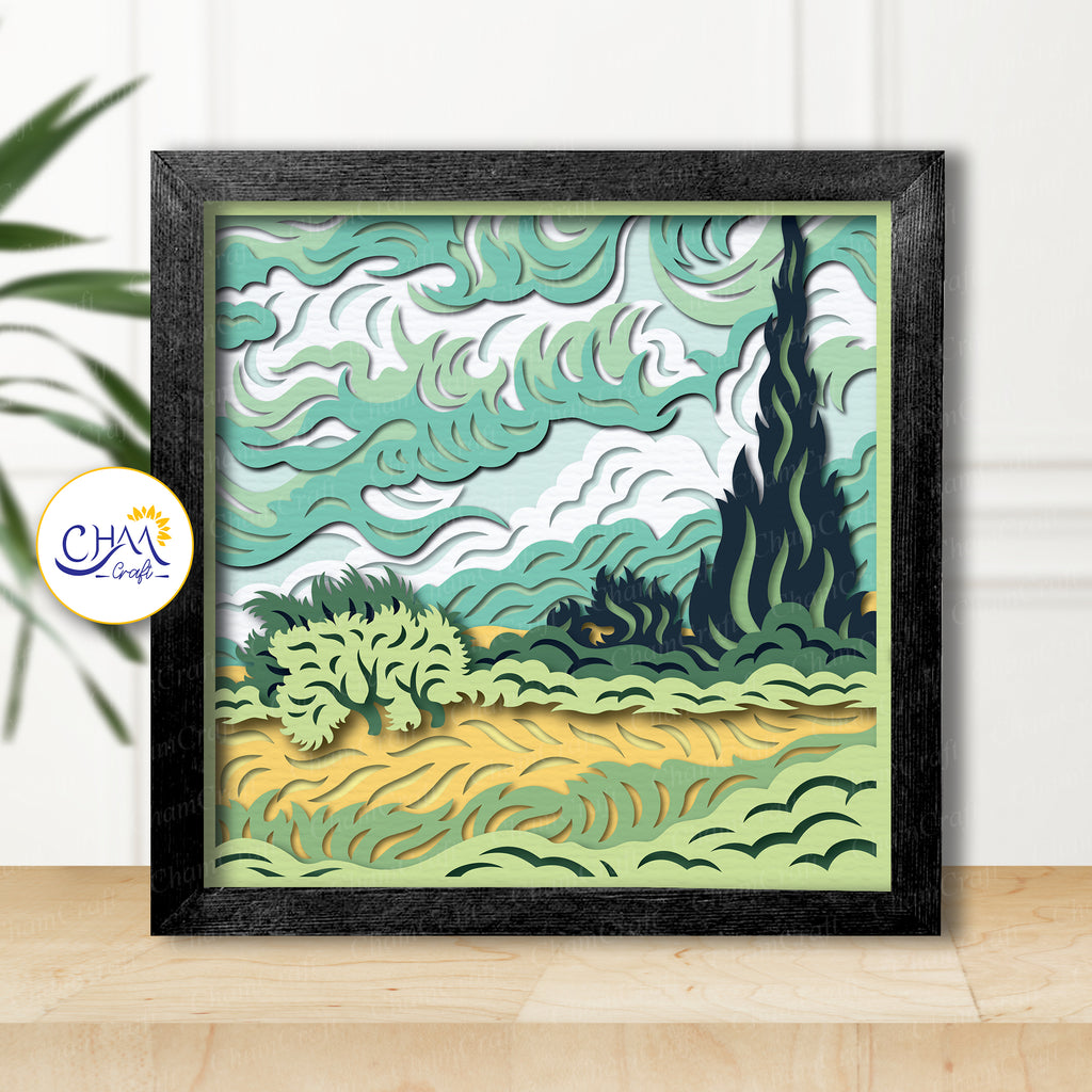 3D Wheat Field With Cypresses Shadow Box SVG Paper Cut Template