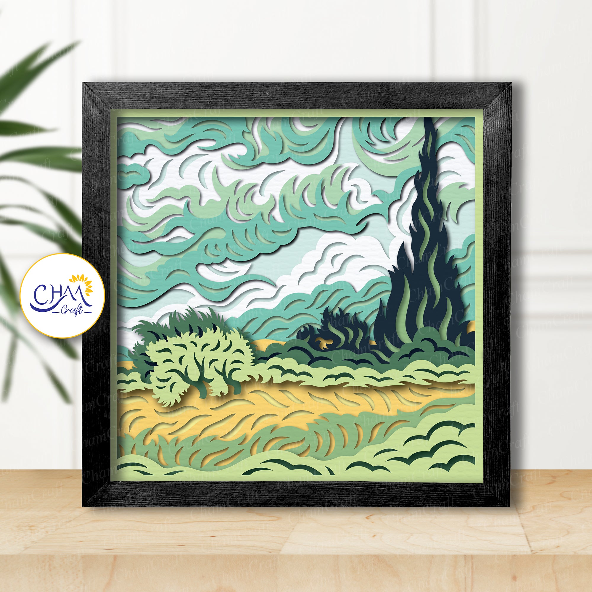 3D Wheat Field With Cypresses Shadow Box SVG Paper Cut Template