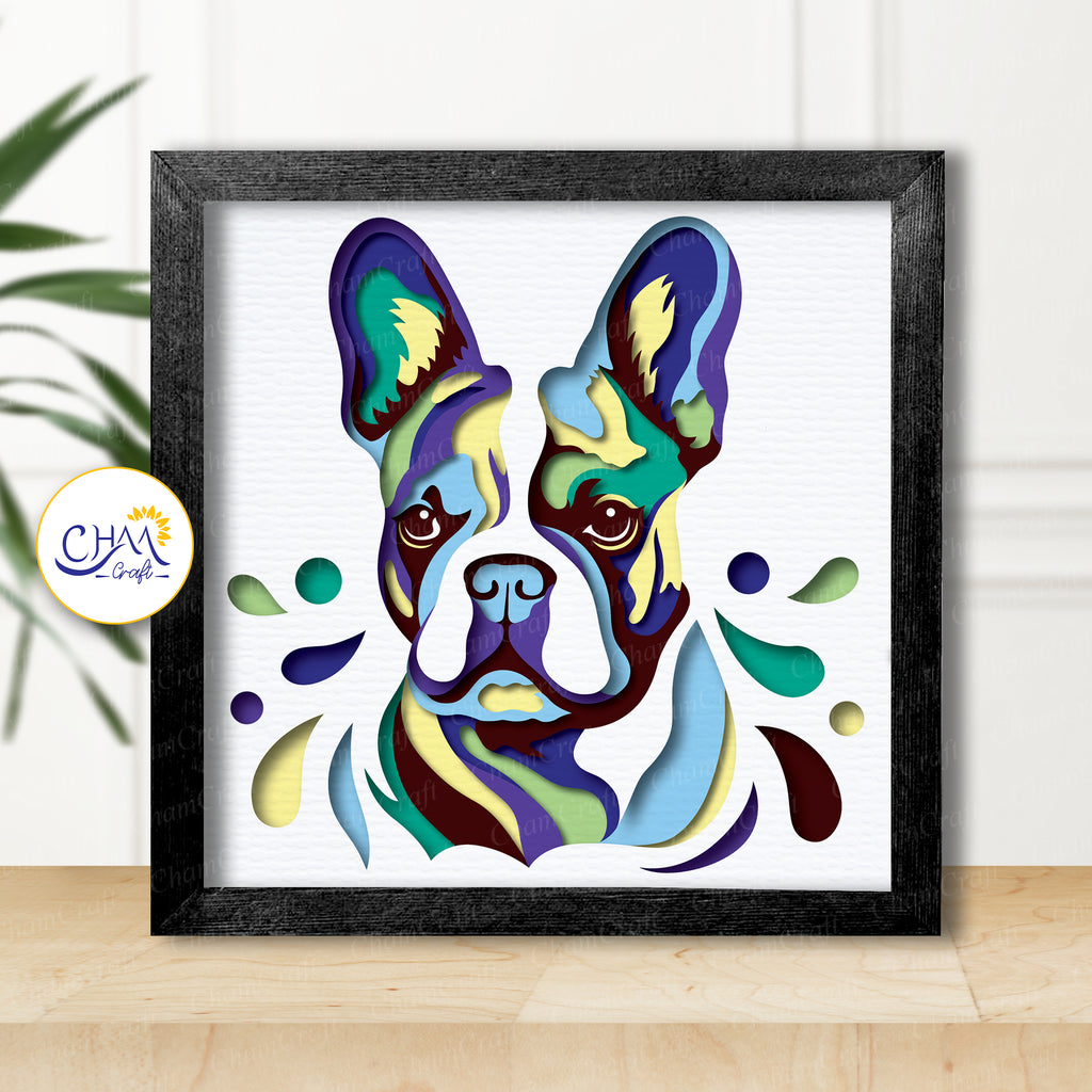 3D French Bulldog Shadow Box SVG Paper Cut Template